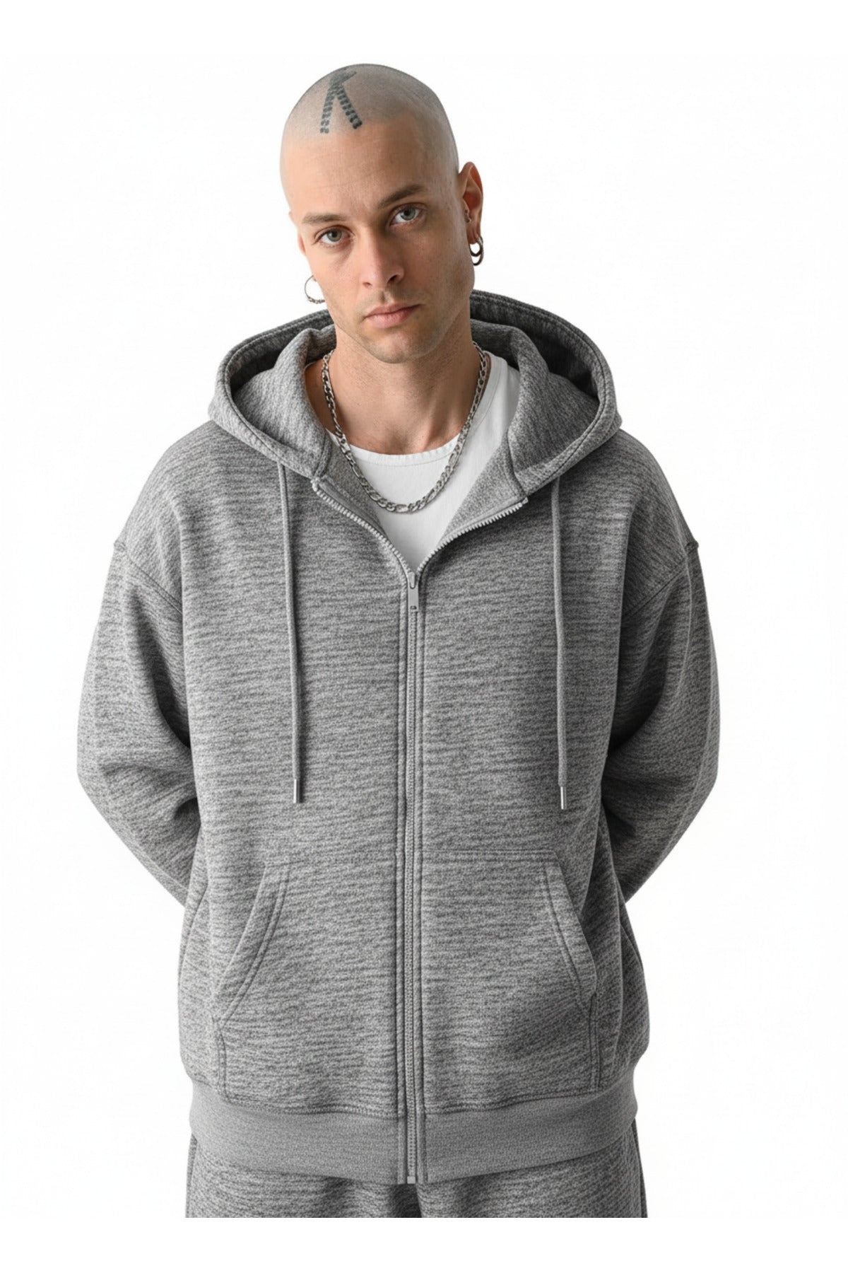 Erkek Basic Bej Unisex Tam Fermuar Sweatshirt Hırka - Gri Melanj - 2