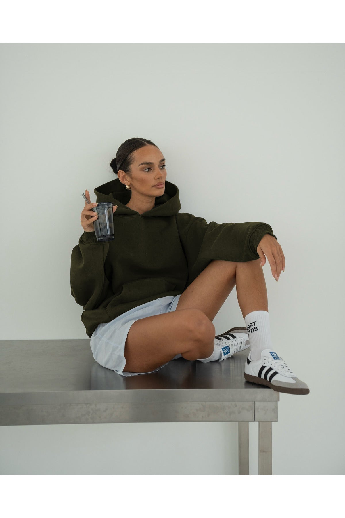 Basic Baskısız Düz Okul Sweatshirt - Haki - 3