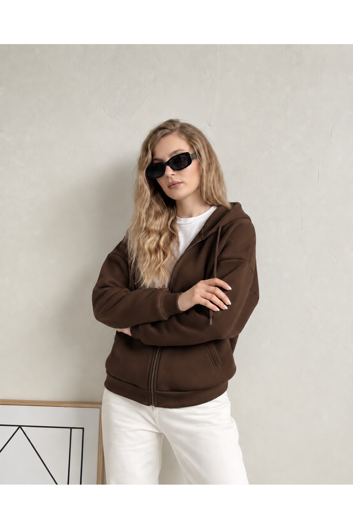 Kadin 3 İ̇pli̇k Kapüşonlu Fermuarli Oversi̇ze Sweatshirt Hirka - Kahverengi - 3
