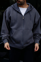 Erkek 3 İ̇plik Smoked Tam Fermuarlı Hoodie Sweatshirt - SMOKED - 6