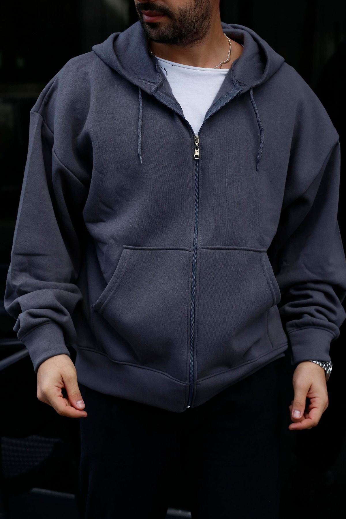 Erkek 3 İ̇plik Smoked Tam Fermuarlı Hoodie Sweatshirt - SMOKED - 6