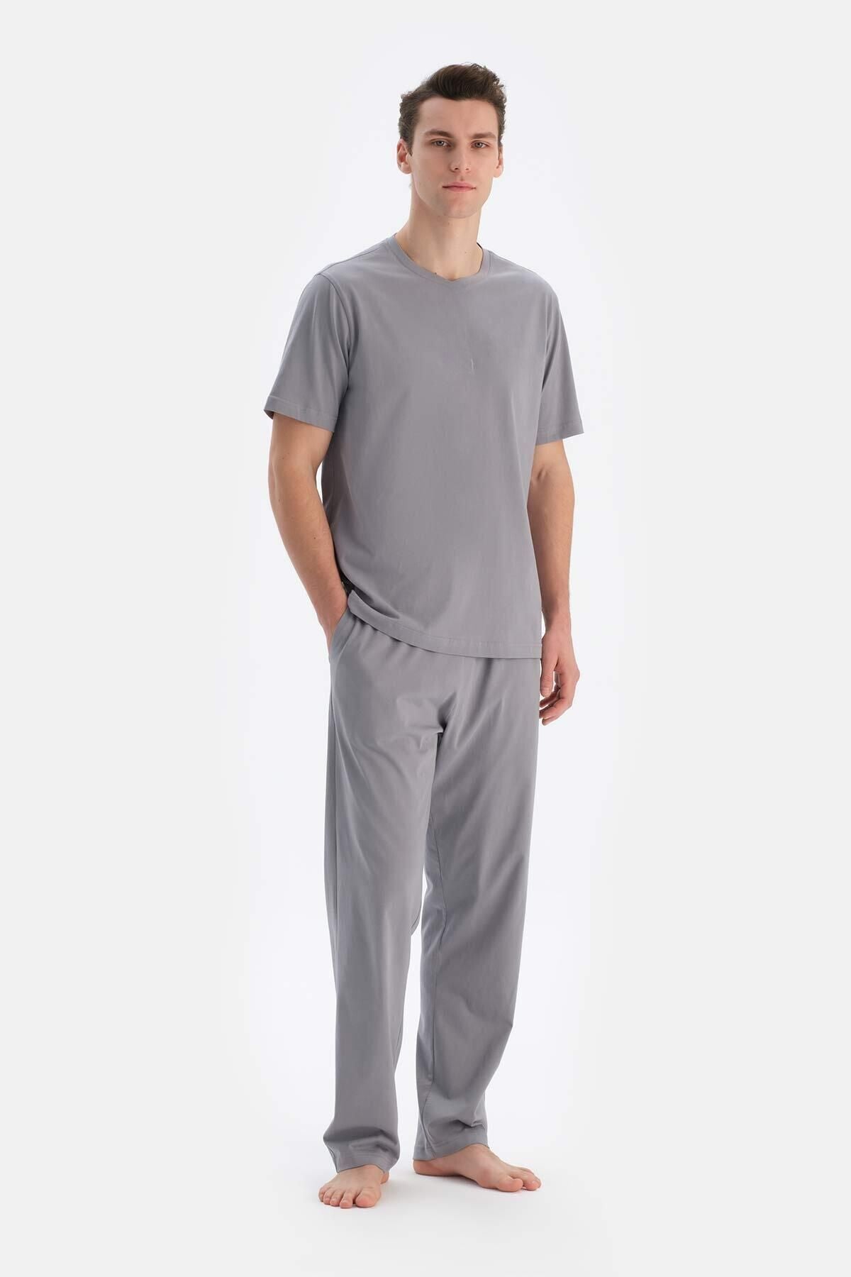 Erkek Kısa Kollu Pijama Takımı Oversize Bisiklet Yaka - Gri - 2