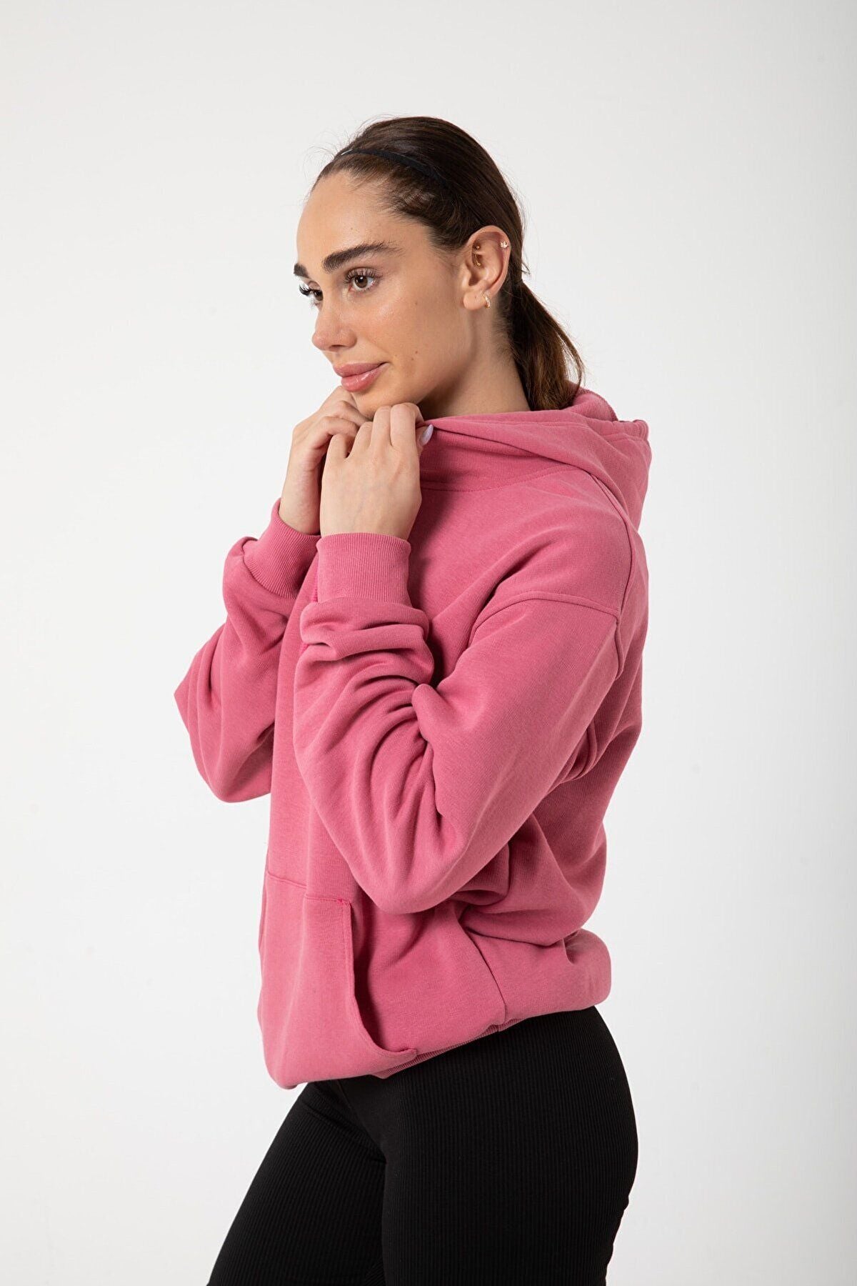 Kadın Mürdüm İ̇çi Polar Sweatshirt Kapşonlu Cepli Günlük Stil Oversize Hoodie - Mürdüm Melanj - 3