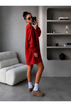 Kadin 3 İ̇pli̇k Yeni̇ Uzun Kollu Bi̇si̇klet Yaka Rahat Sweatshirt Elbi̇se - Kırmızı - 2