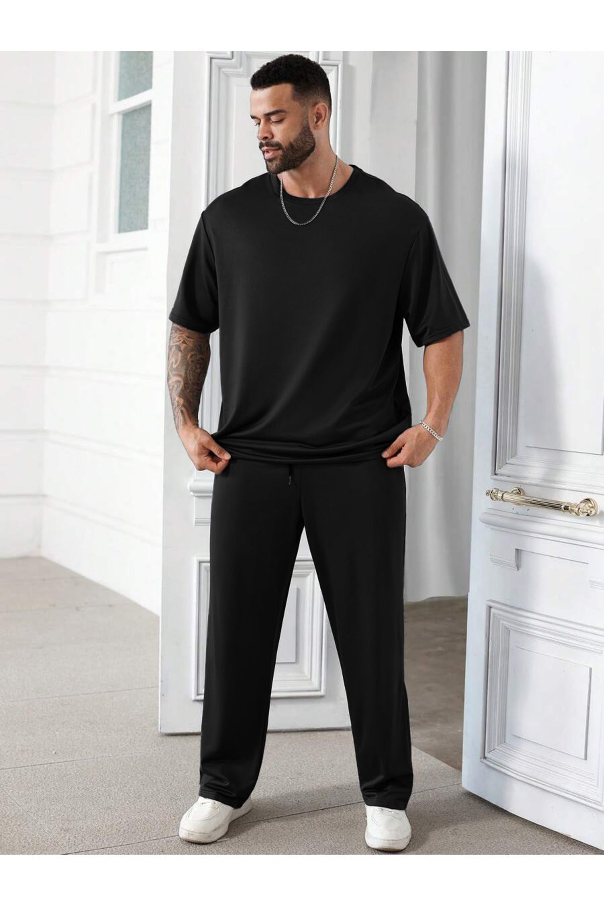 Erkek Bisiklet Yaka Pijama Takımı - Siyah - 2