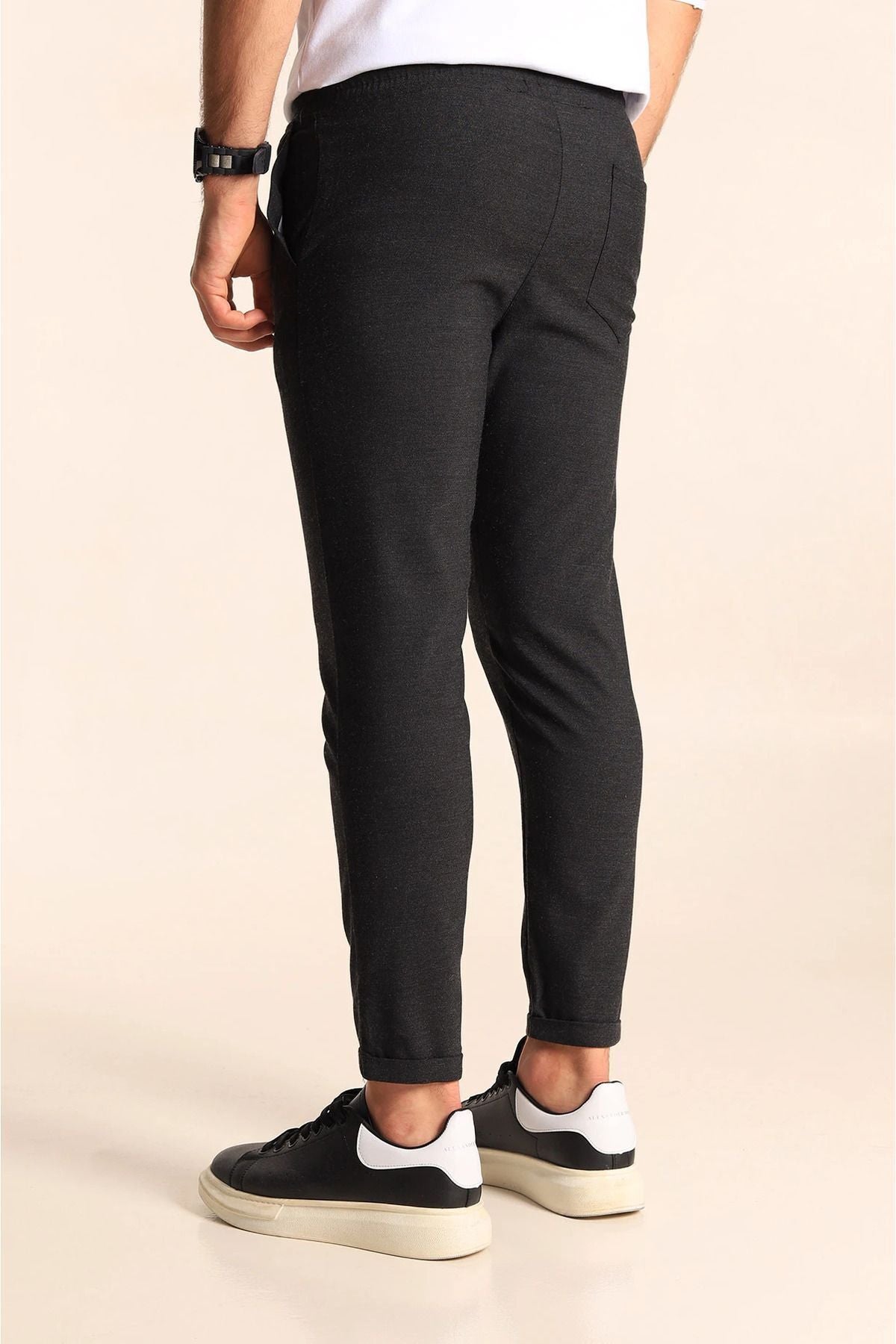 Erkek Füme Esnek Jogger Kumaş Pantolon Beli Bağcıklı Duble Paça Yandan Cepli Likralı - Füme/Smoked - 4