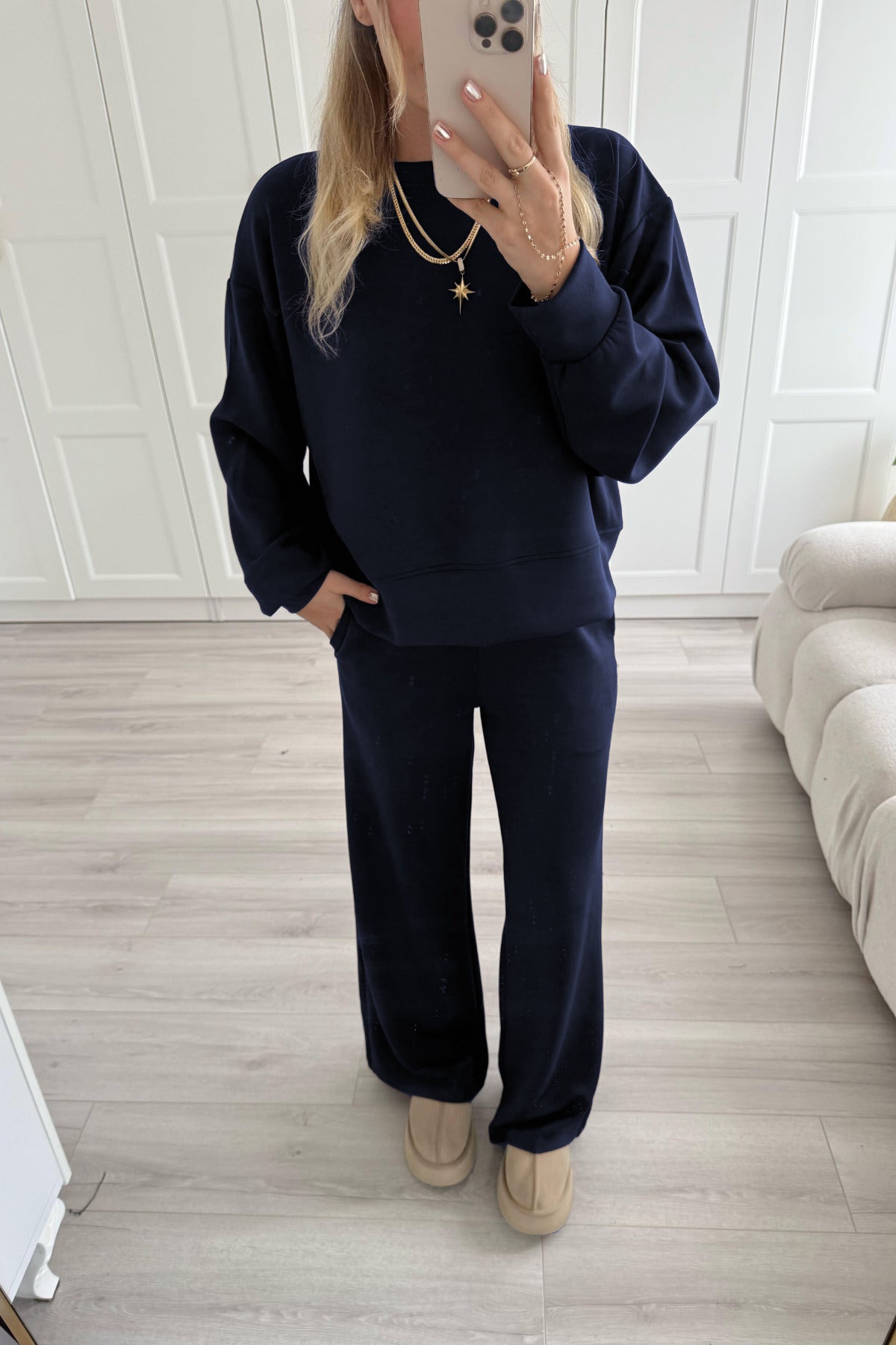 Kadin Home Wear Uzun Kollu Geni̇ş Paça Pi̇jama Takimi - Lacivert - 4