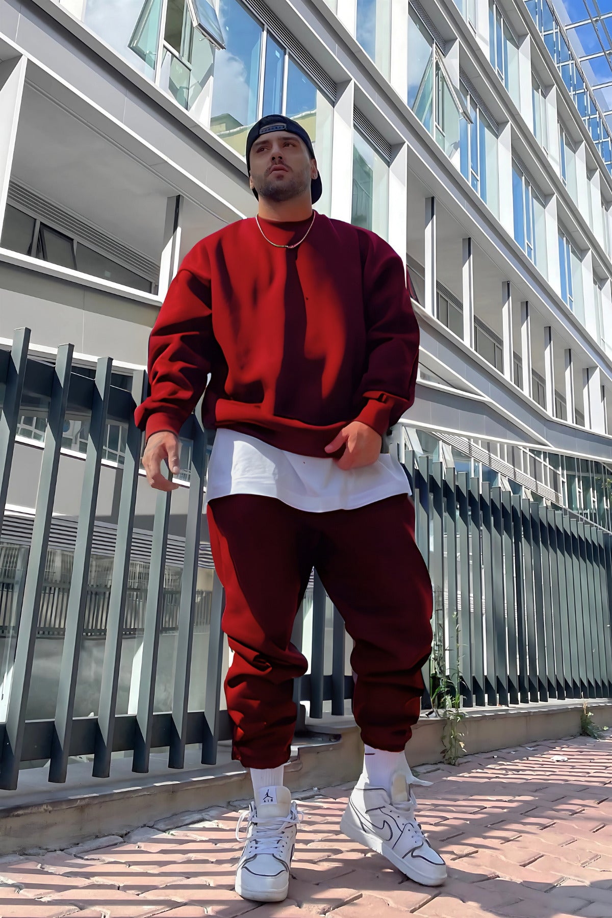 Oversize Pamuklu Kalın Bisikletyaka Eşofman Takımı - Bordo - 1