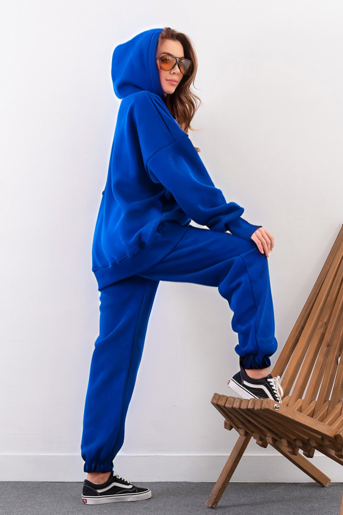Kadın Yüksek Bel 3 İ̇plik Kalın Şardonlu Oversize Fit Jogger Eşofman Takımı - Saks Mavisi - 2