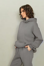 Kadın Rahat Kesim Oversize 3 İ̇plik Pamuklu Şardonlu Kanguru Cep Kapşonlu Hoodie Sweatshirt - Gri - 3