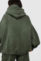 Kadın 3 İ̇plik Kanguru Cep Kapşonlu Hoodie Paçası Lastikli Kalın Eşofman Takımı - HAKİ YEŞİL - 2