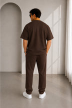 Erkek Oversize Basic İ̇kili Takım Bisiklet Yaka Rahat Kalıp Günlük Eşofman Takımı - Kahverengi - 3