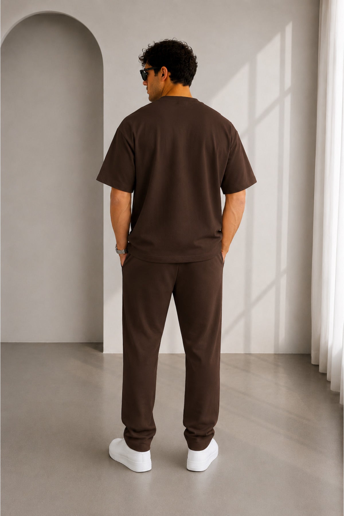 Erkek Oversize Basic İ̇kili Takım Bisiklet Yaka Rahat Kalıp Günlük Eşofman Takımı - Kahverengi - 3
