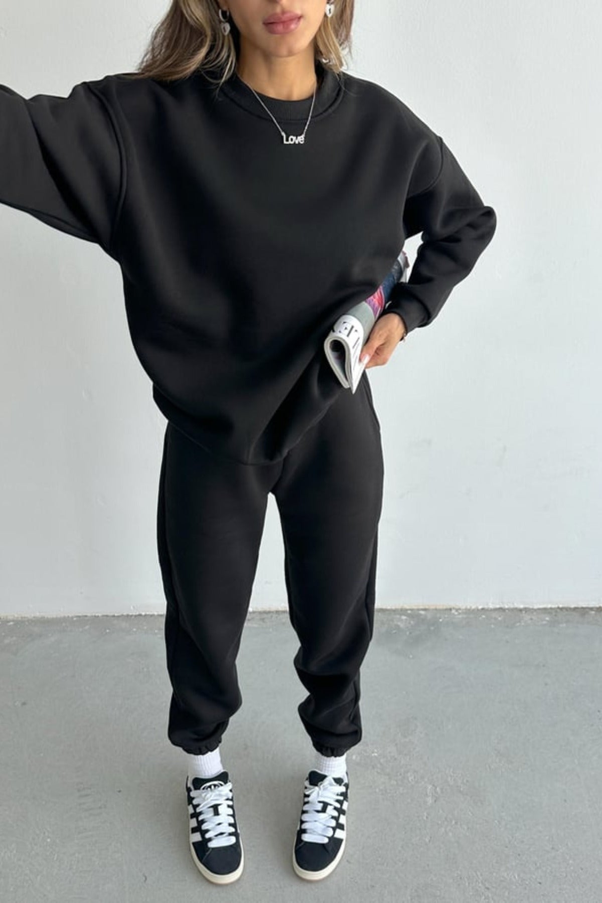 Kadın Oversize Geniş Kalıp Basic Pamuklu Eşofman Takıım - Siyah - 5