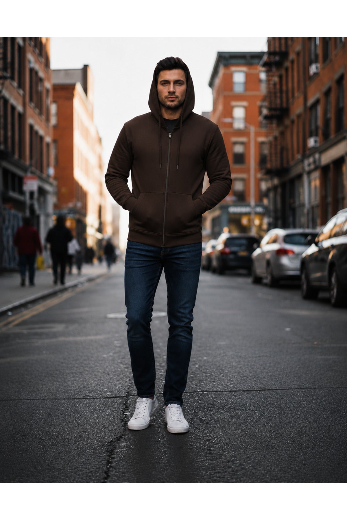 Erkek 3 İ̇pli̇k Şardonlu Oversi̇ze Fermuarli Sweatshirt Hirka - Kahverengi - 1