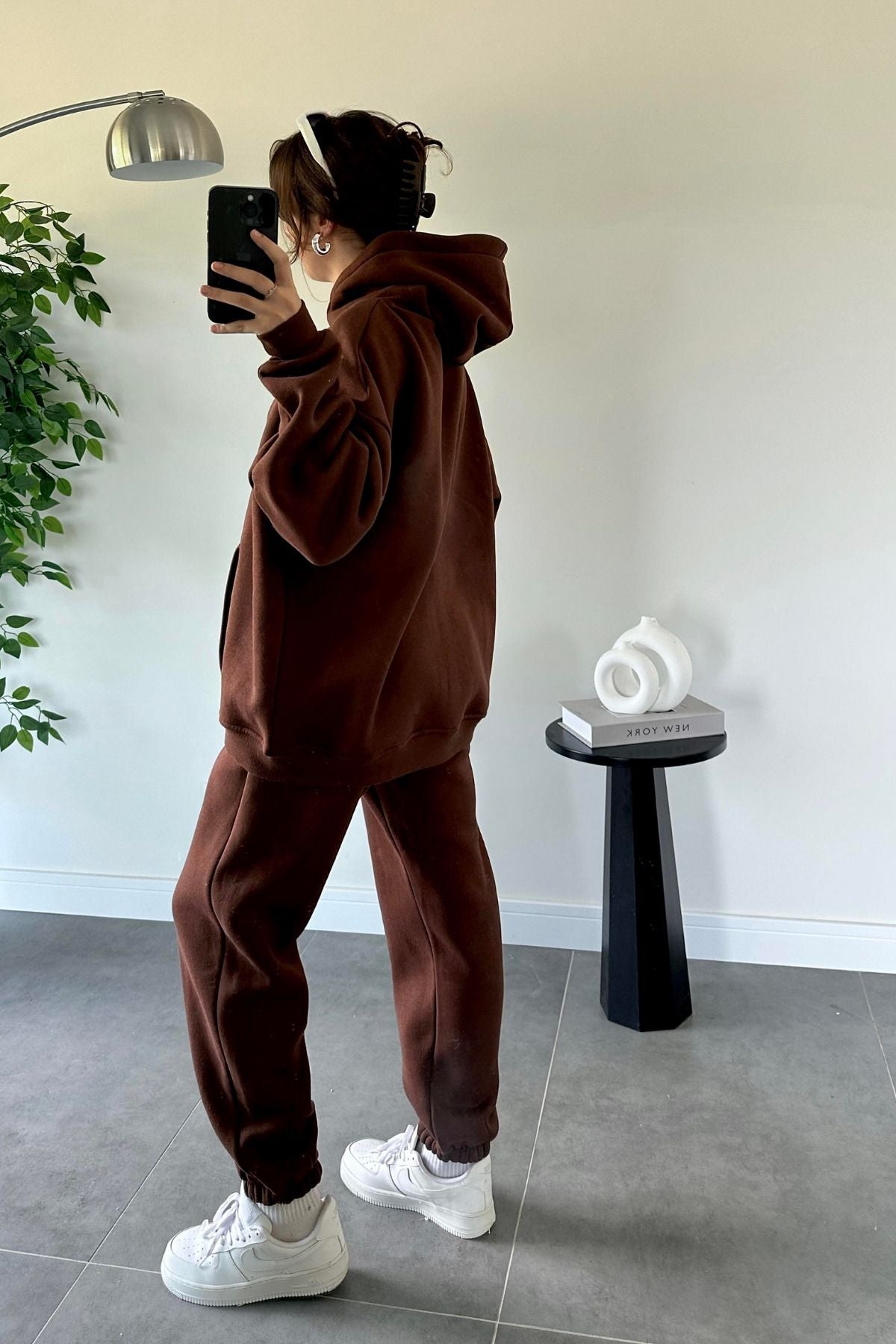 Kadın Oversize Trend Model Kanguru Cep Kapşonlu Sweatshirt Eşofman Takımı - Kahverengi - 4