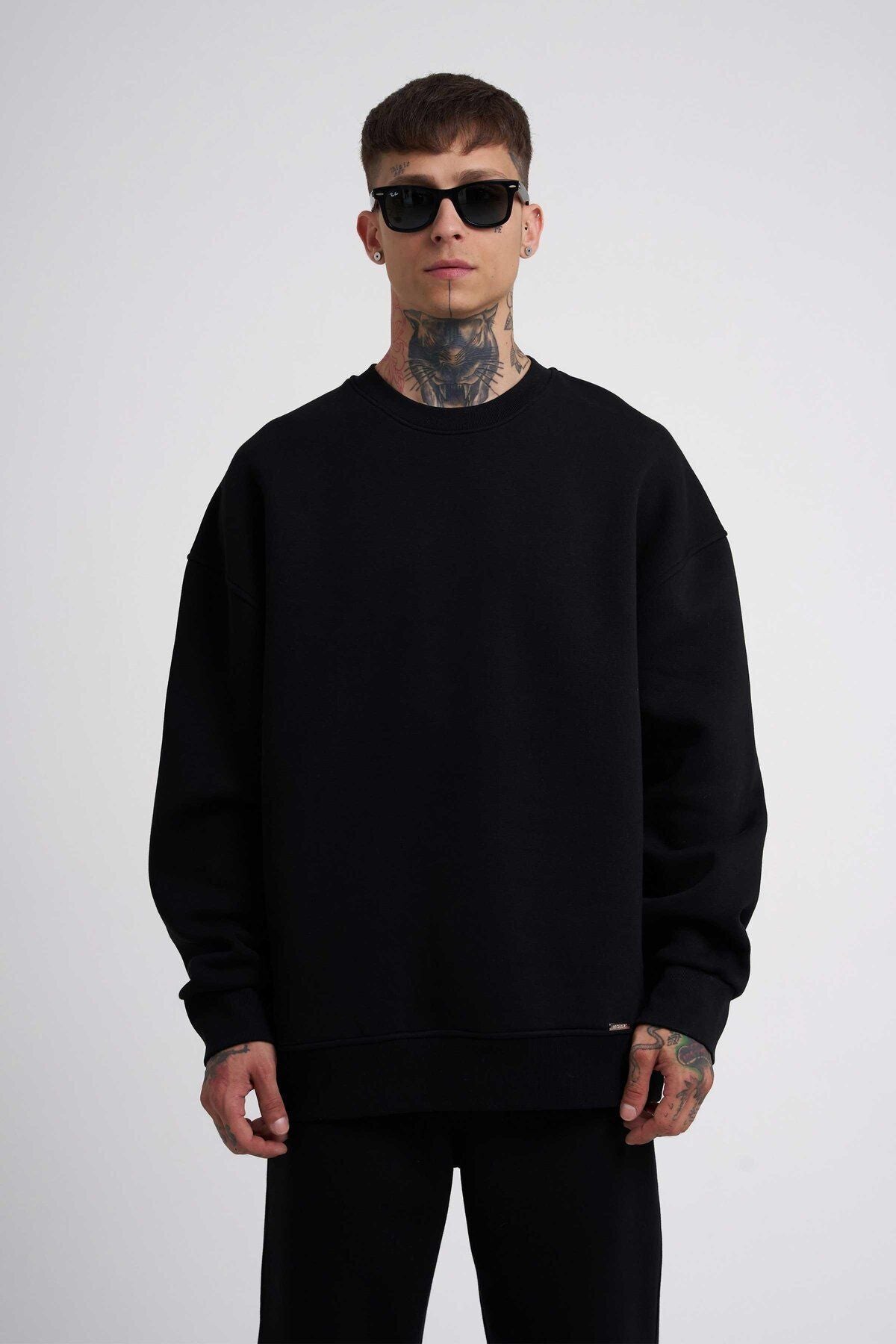 Erkek 3 İ̇plik Kalın Bisiklet Yaka Sweatshirt - Siyah - 1