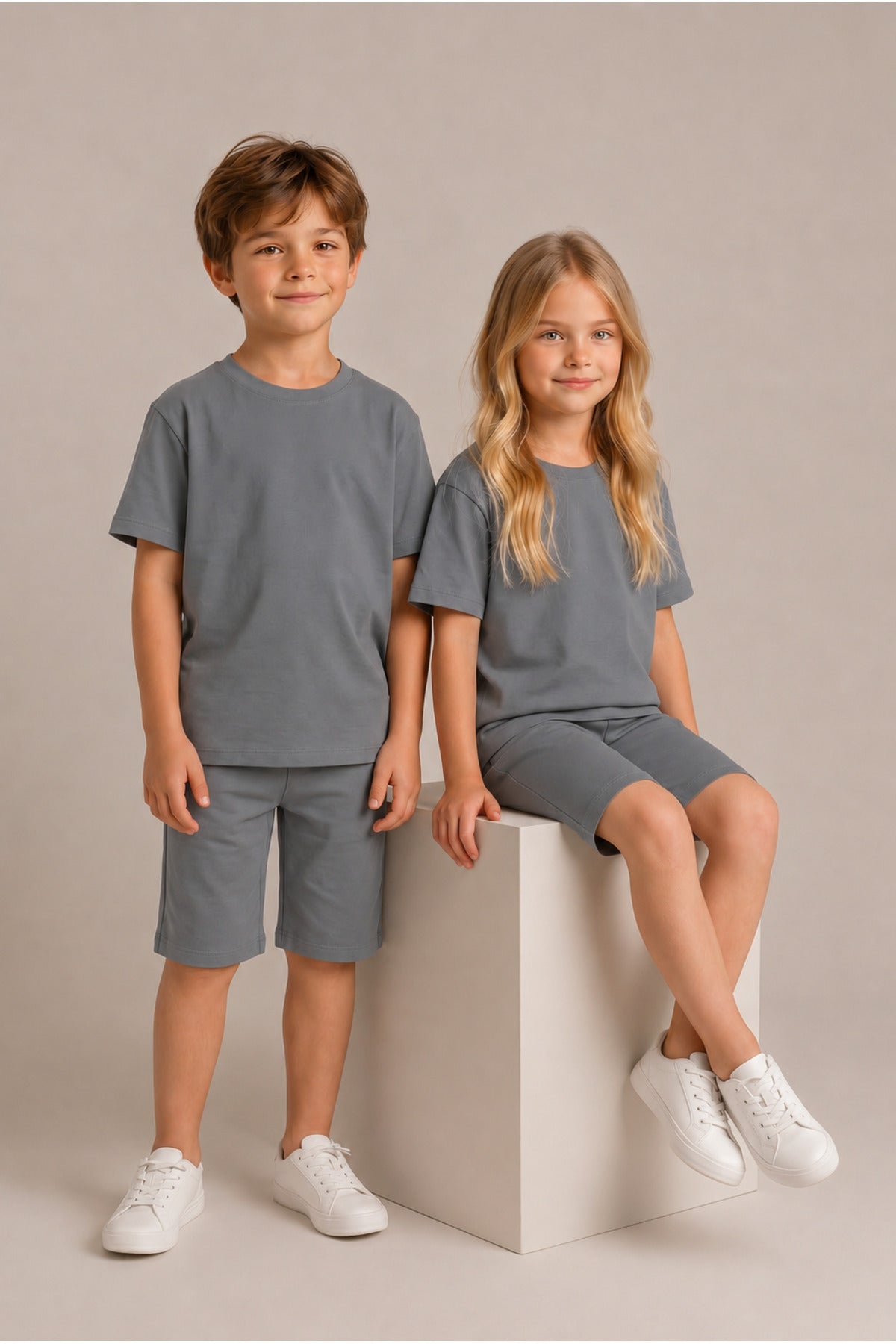 Çocuk Kısa Kollu Baskısız Basic Oversıze Geniş Kalıp Beli Bağlamalı Esnek 1-10 Yaş Arası Yaz Sezonu Sportif T-shirt / Şort Takım - Füme - 4