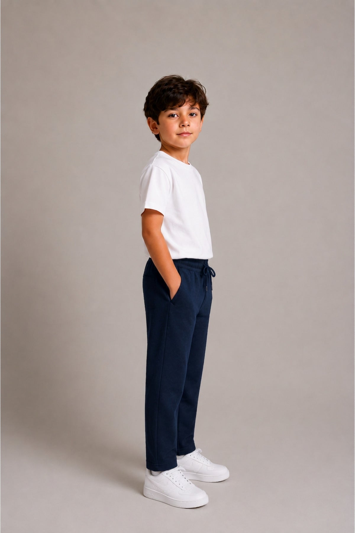 Çocuk Rahat Kesim Beli Bağcıklı Esnek Günlük Yüksek Bel Yeni Sezon Okul Pantolonu - Lacivert - 3
