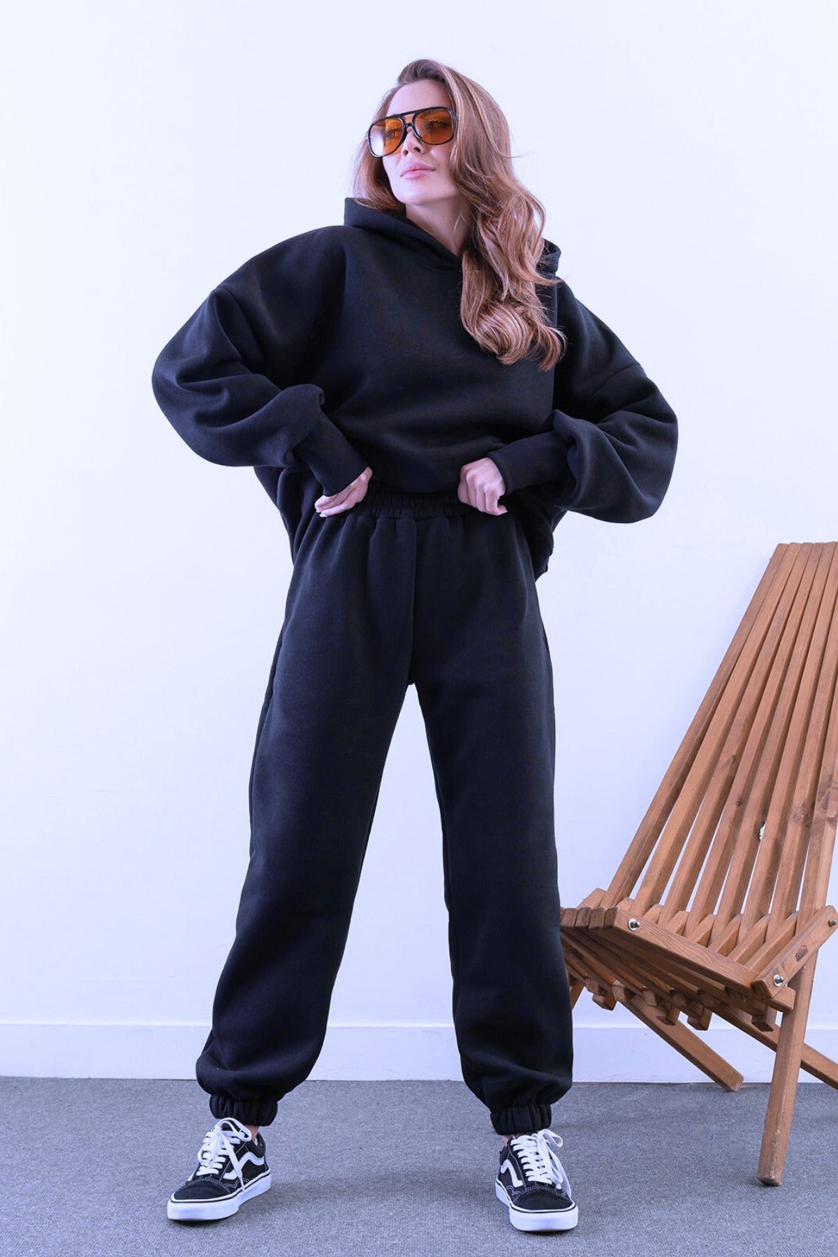 Kadın Yüksek Bel 3 İ̇plik Kalın Şardonlu Oversize Fit Jogger Eşofman Takımı - Lacivert - 1