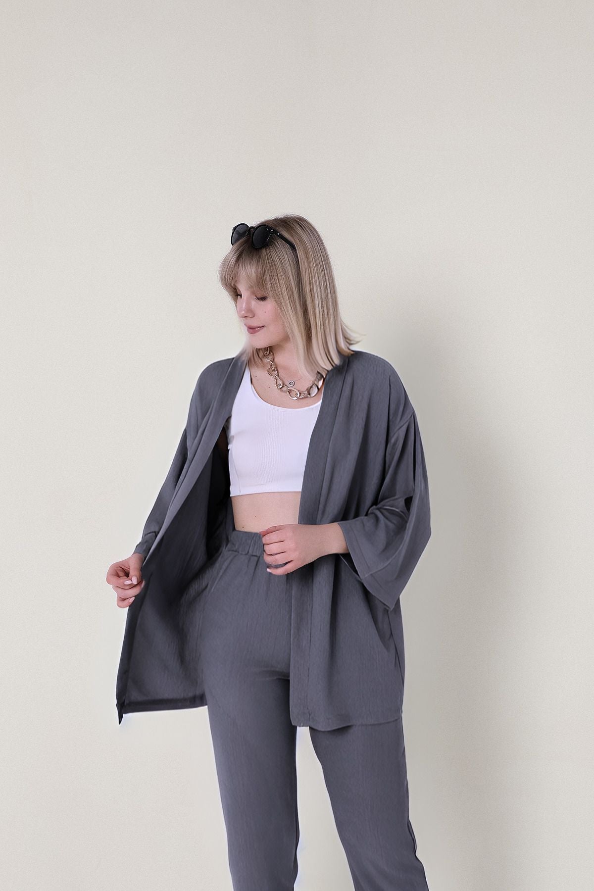 Kadın Rahat Kalıp Bürümcük Yazlık Kimono Takım - FÜME A - 1