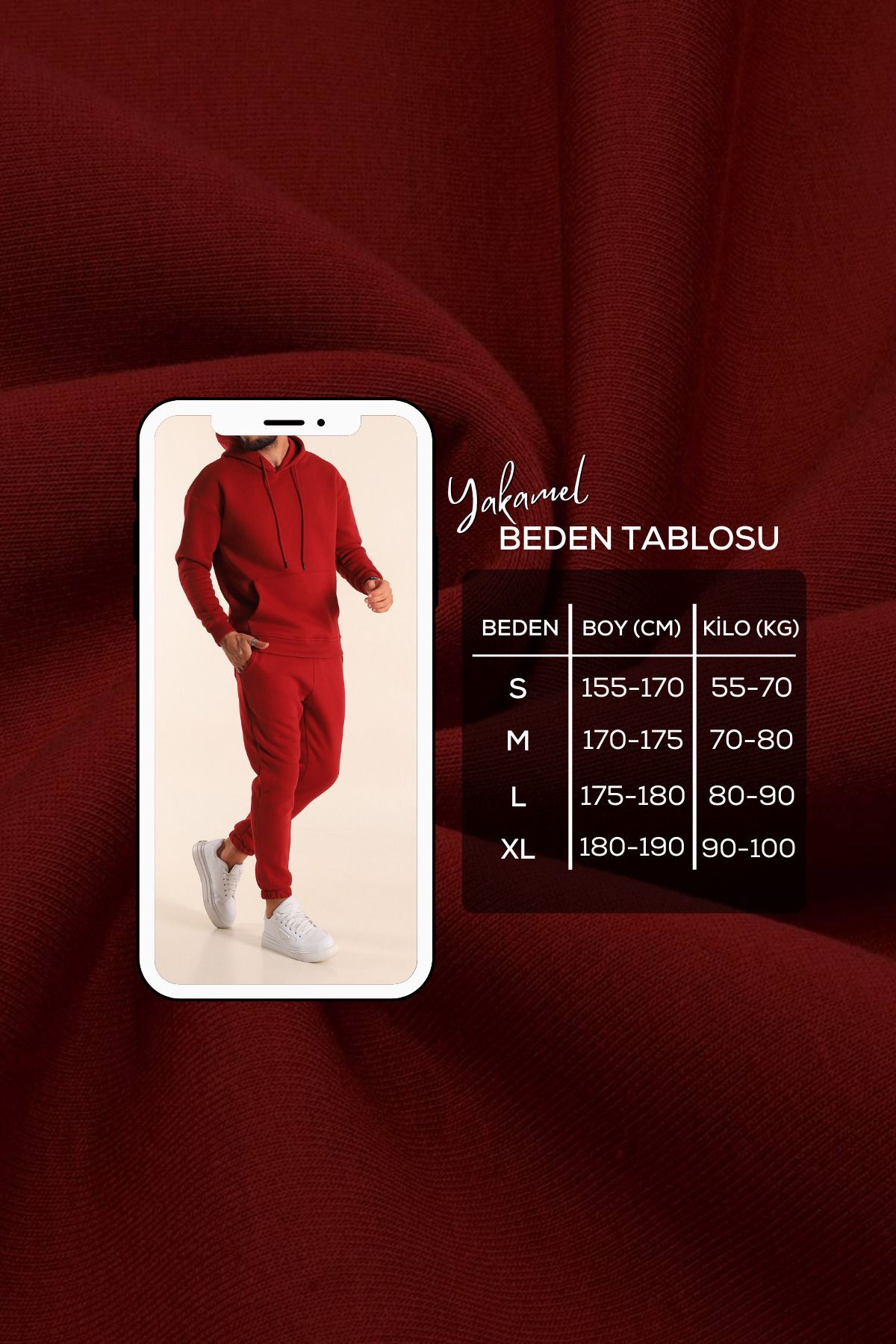 Bordo Erkek Kapüşonlu Cepli Lastik Paça İ̇çi Polar Eşofman Takımı - Bordo - 5