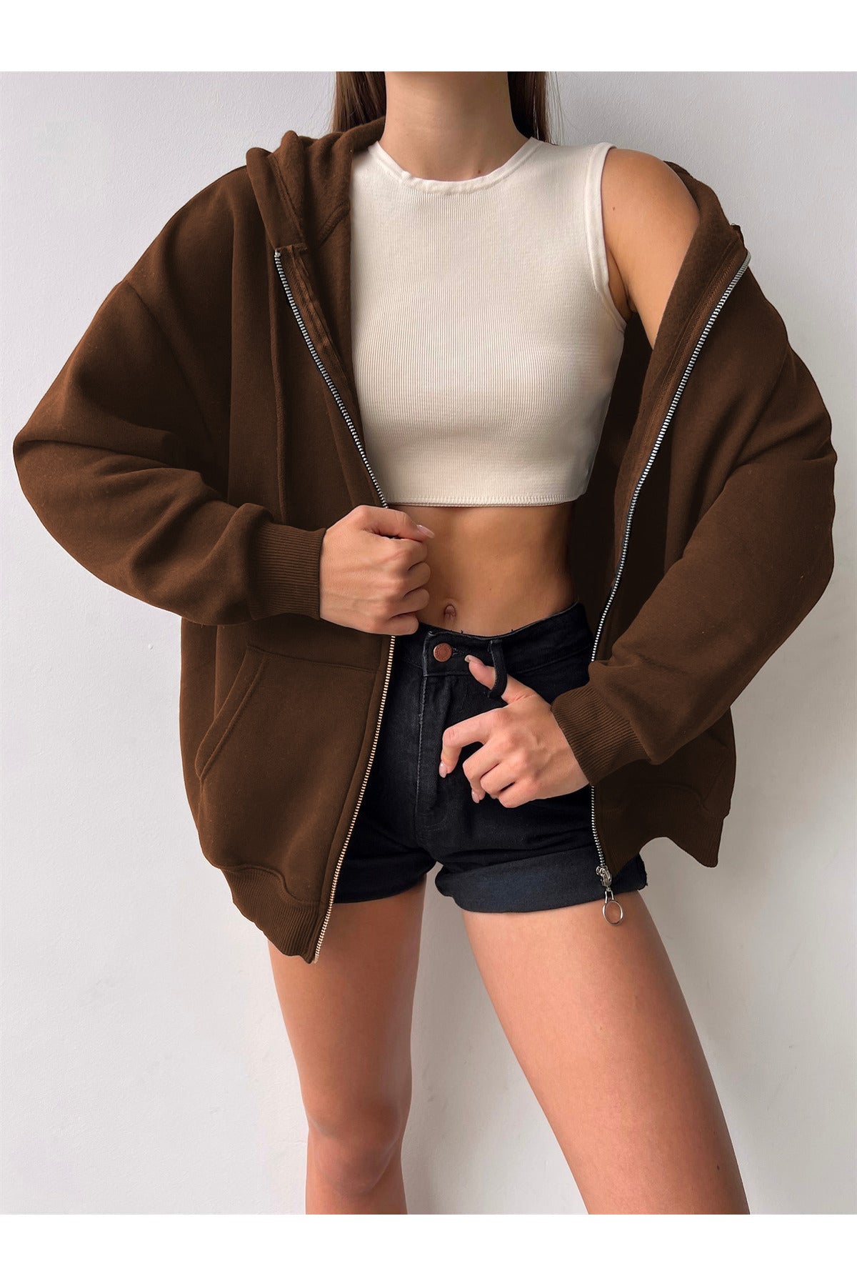 Kadın Kahverengi Bol Salaş Basic Model Baskısız Hırka - Kahverengi - 2
