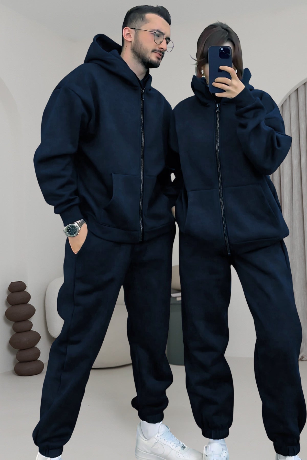 Çiftlere Özel Basic Oversize Kapşonlu Eşofman Takımı - Lacivert - 1