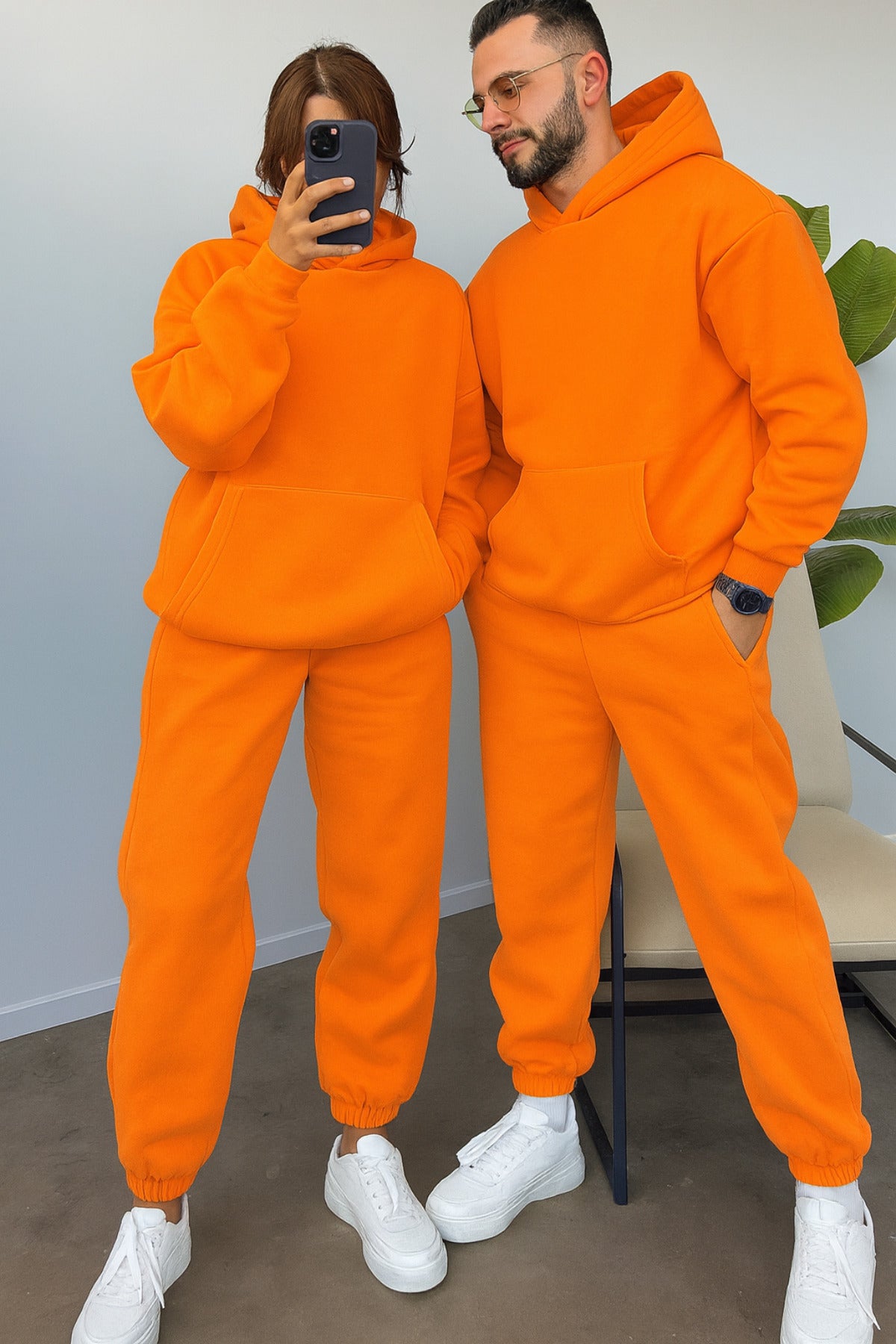 Kadın Erkek Trend Model Çiftlere Özel 3 İplik Oversize Kışlık Kalın Eşofman Takımı (tekli̇) - Canlı Turuncu - 2