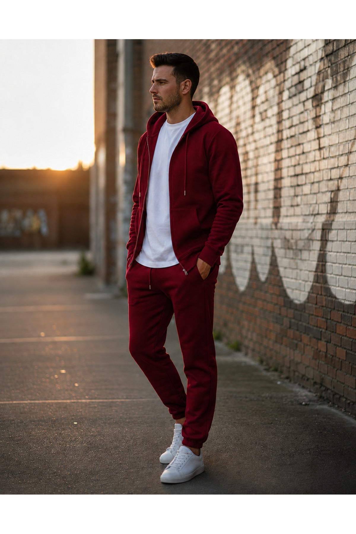 Erkek 3 İ̇pli̇k Fermuarli Kapüşonlu Oversi̇ze Sweatshirt Jogger Eşofman Takimi - Bordo - 2