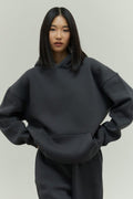 Kadın Rahat Oversize 3 İ̇plik Pamuklu Şardonlu Kanguru Cep Kapşonlu Sweatshirt - Füme - 1