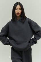 Kadın Rahat Oversize 3 İ̇plik Pamuklu Şardonlu Kanguru Cep Kapşonlu Sweatshirt - Füme - 1