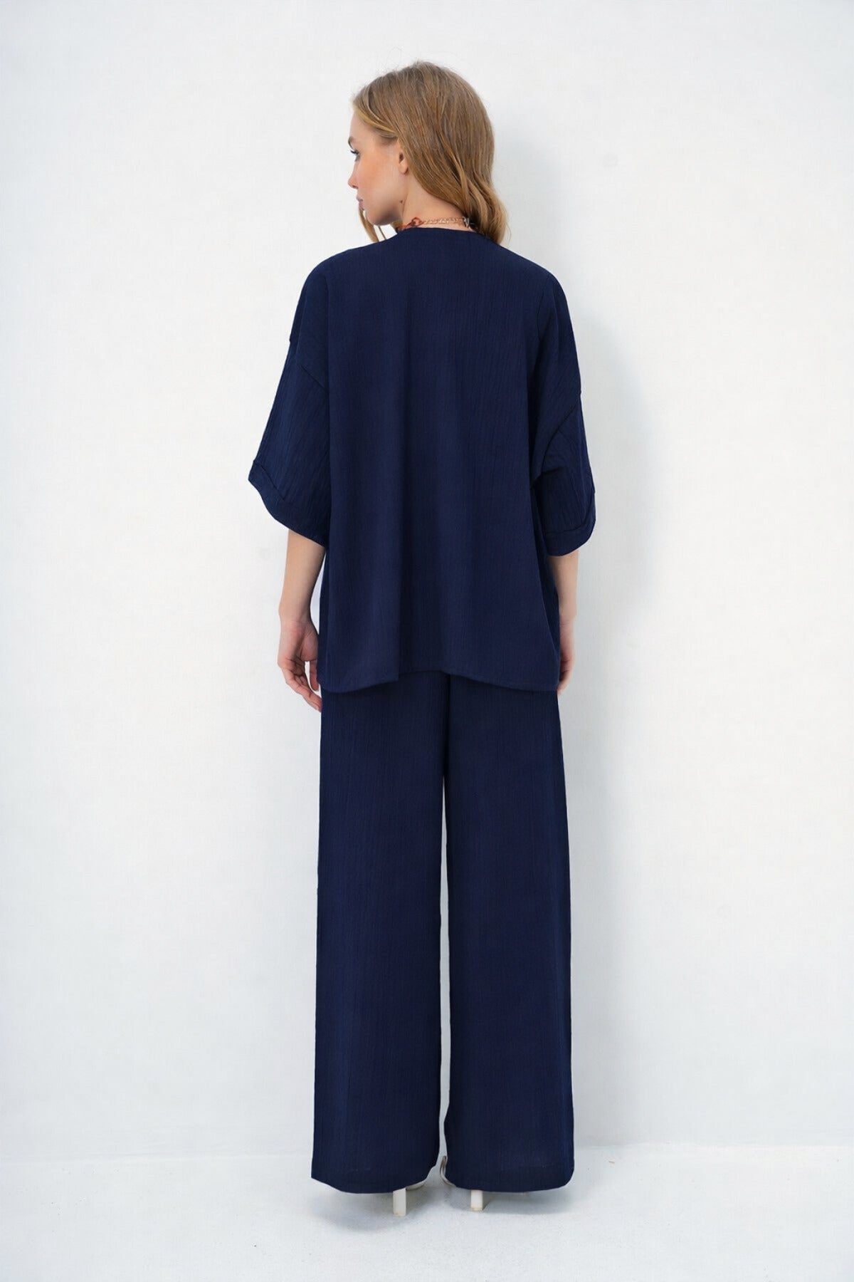 Kadın Rahat Dökümlü Bürümcük Yazlık Kimono Takım - Lacivert - 3