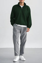 Erkek Dik Yaka Fermuarlı Sweatshirt 3 İplik Puf - Koyu Yeşil - 1