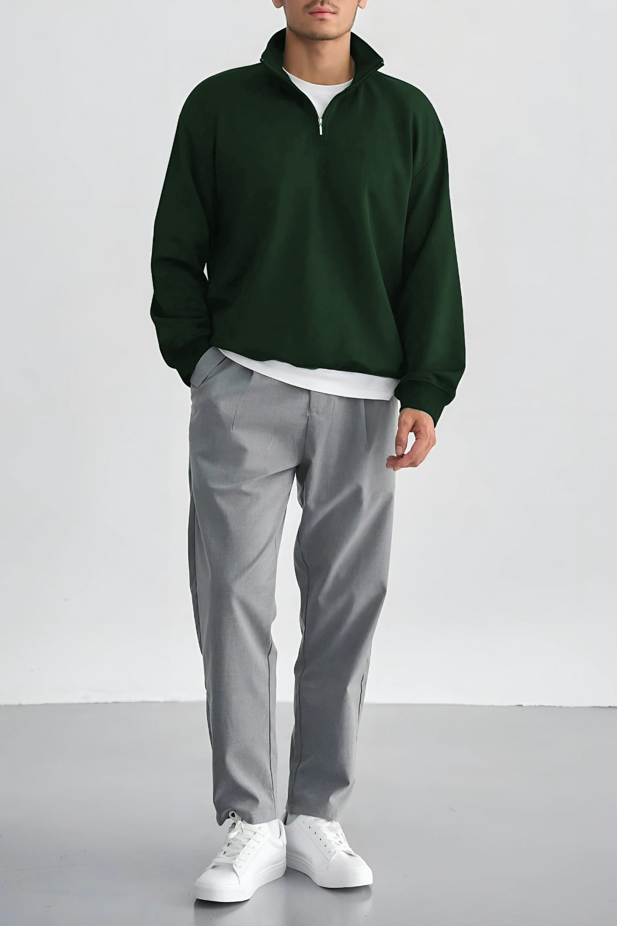 Erkek Dik Yaka Fermuarlı Sweatshirt 3 İplik Puf - Koyu Yeşil - 1