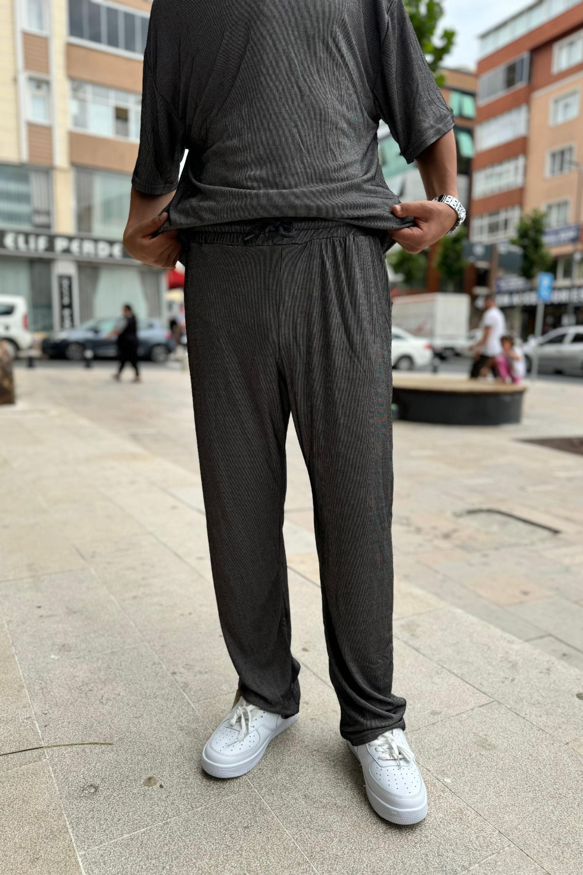 Erkek Çizgili Penye Yazlık Beli Lastikli Cepli Oversize Eşofman Altı - Çok Renkli - 1