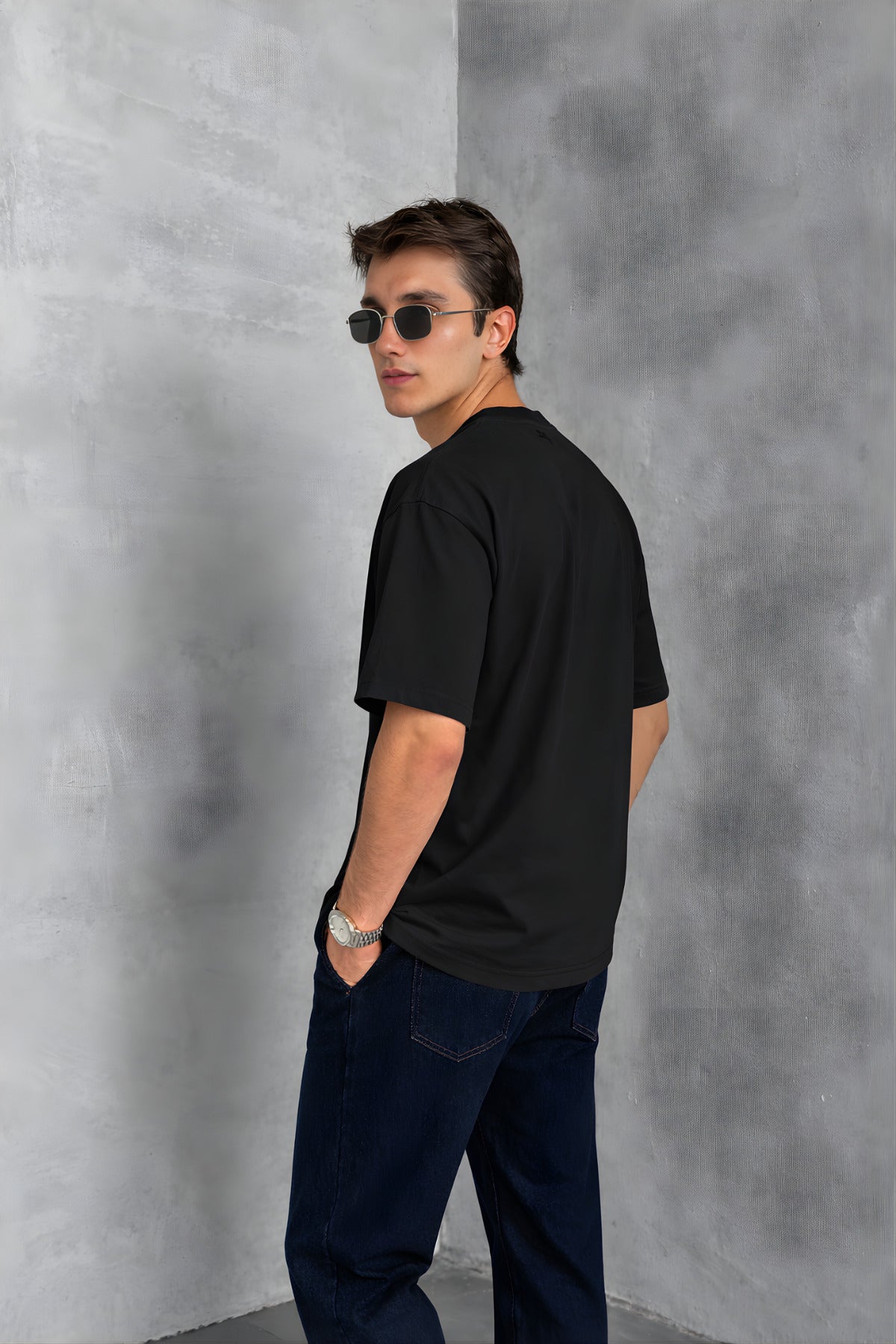 Erkek Siyah Basic Oversize Tişört Rahat Kalıp Düz Minimal Pamuklu Günlük T-shirt - Siyah - 2