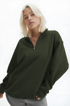 Kadın Yarım Fermuar Dik Yaka Uzun Kollu 3 İ̇plik Sweatshirt - Haki - 2