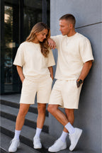 Unisex Kadın Erkek Oversize 2 İ̇plik Pamuklu Modal Penye Premium Rahat Kalıp Yazlık Yeni Sezon Şortlu Takım (tekli̇) - Bej - 2