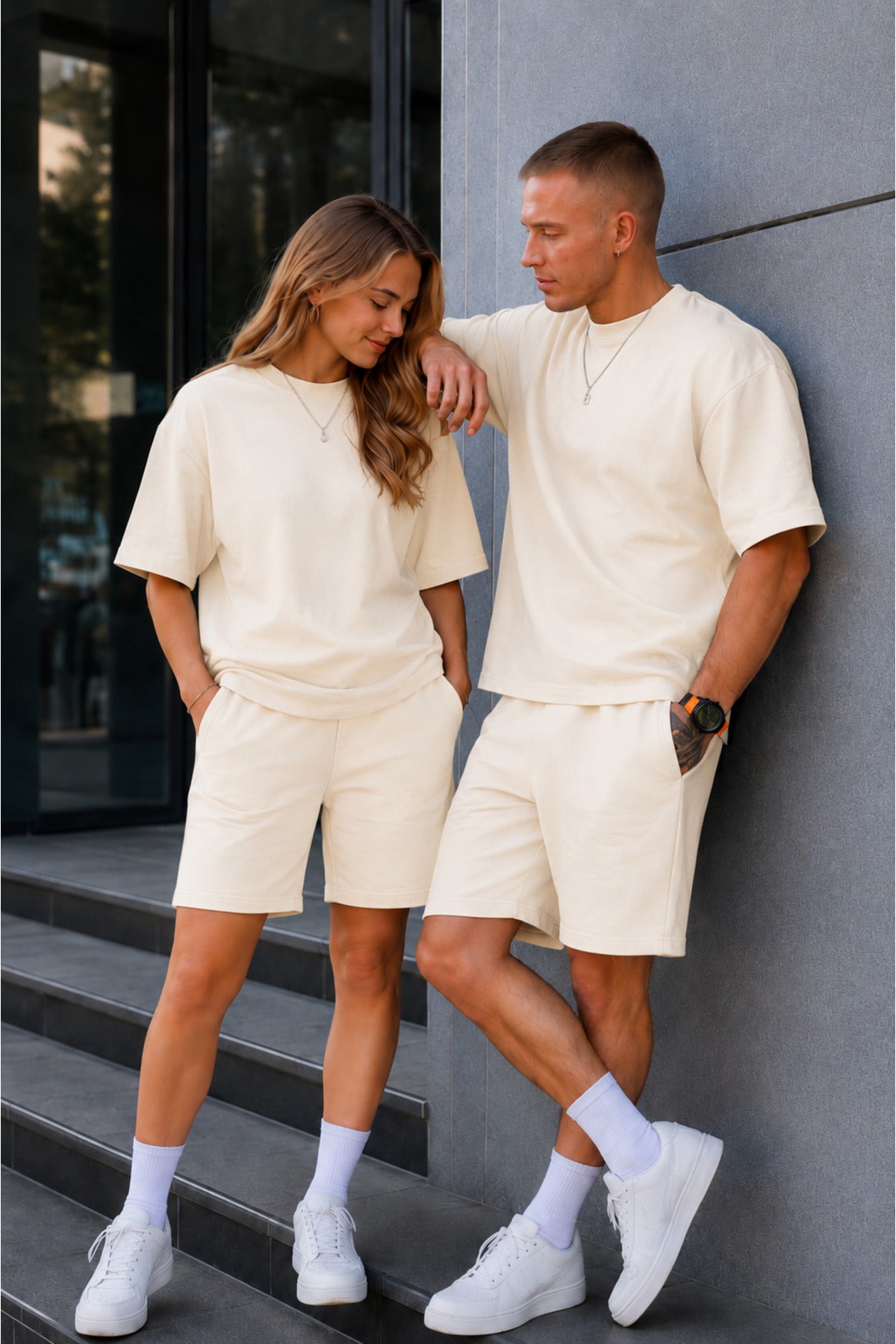 Unisex Kadın Erkek Oversize 2 İ̇plik Pamuklu Modal Penye Premium Rahat Kalıp Yazlık Yeni Sezon Şortlu Takım (tekli̇) - Bej - 2