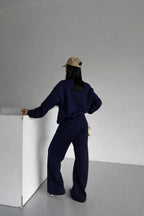 Kadin 3 İ̇pli̇k Bi̇si̇klet Yaka Sweatshi̇rt Bol Paça Eşofman Takimi - Lacivert - 3