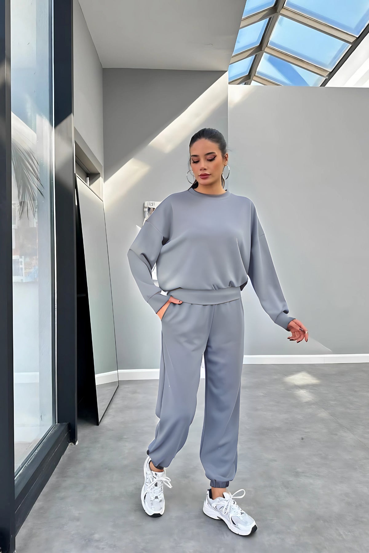 Kadın Bisiklet Yaka Yüksek Bel Yumuşacık Oversize Eşofman Takımı - Gri - 2