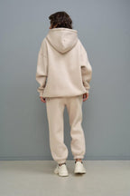 Kadın Eşofman Takımı Sweatshirt Jogger Bej Oversize Şardonlu Kapüşonlu - Bej - 5