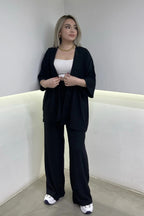 Kadın Siyah Dökümlü Bürümcük Yazlık Kimono Takım - Siyah - 1