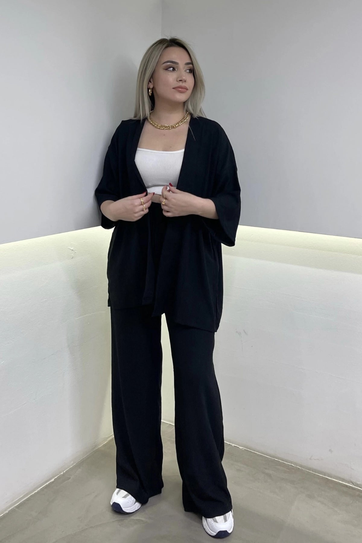 Kadın Siyah Dökümlü Bürümcük Yazlık Kimono Takım - Siyah - 1