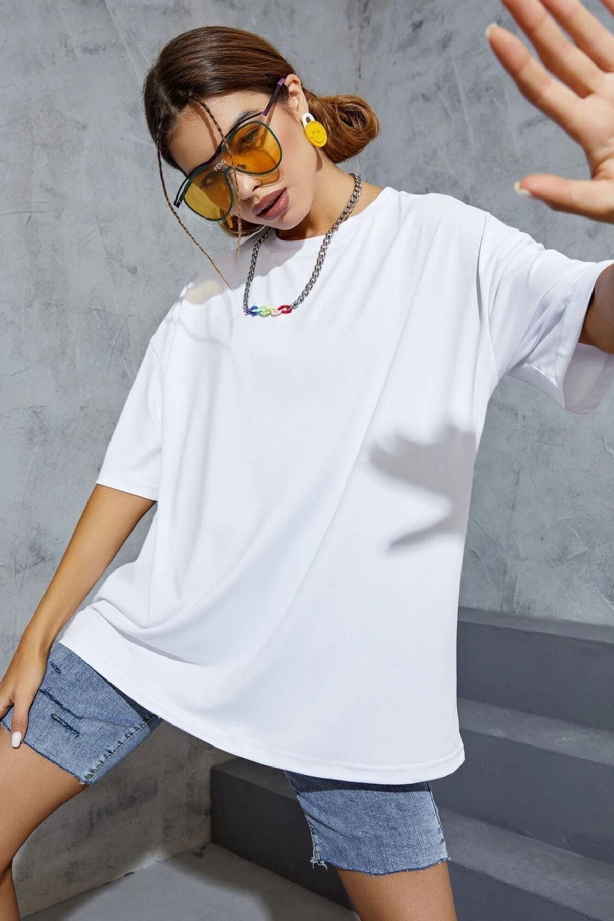 Erkek Bisiklet Yaka Oversize Kısa Kollu Tişört - Beyaz - 1