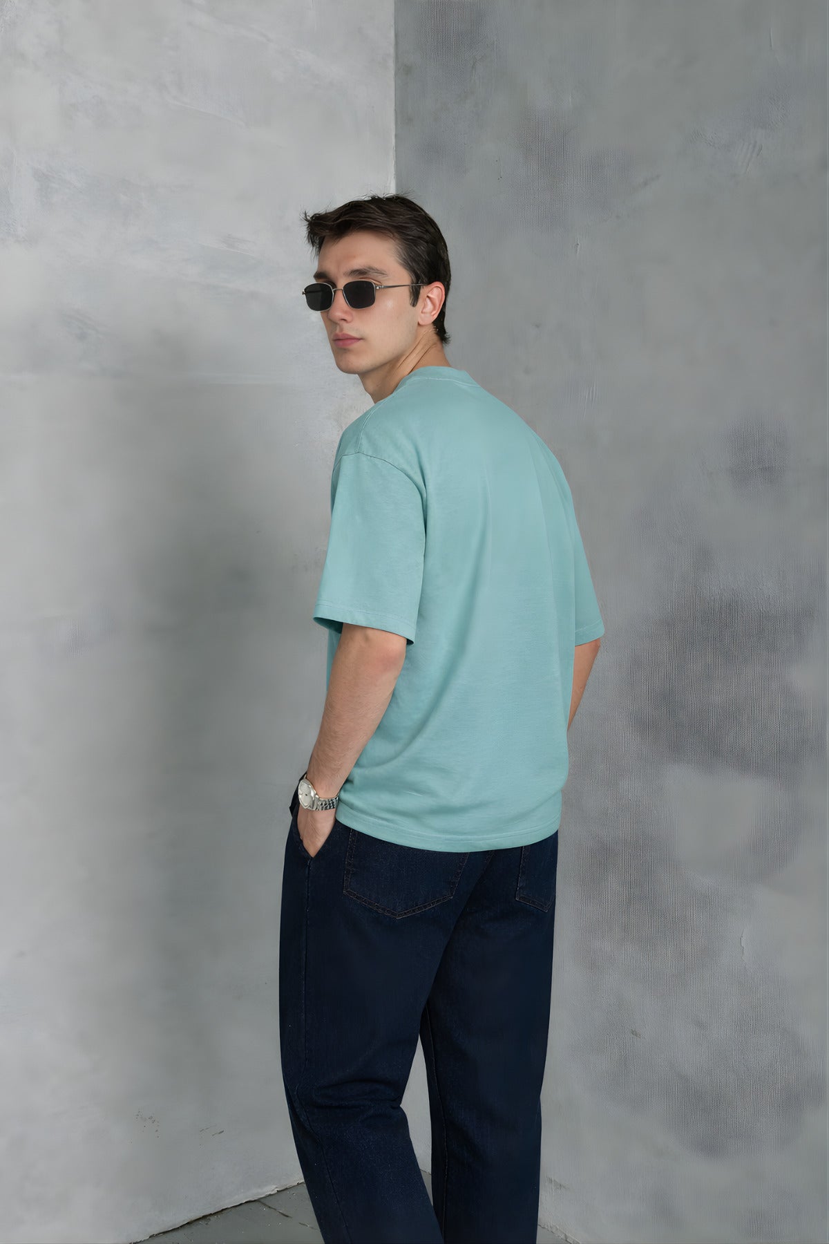 Erkek Siyah Basic Oversize Tişört Rahat Kalıp Düz Minimal Pamuklu Günlük T-shirt - Deniz Mavisi - 2