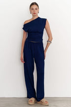 Kadın Lacivert Dokulu Salaş Yazlık Esnek Palazzo Bürümcük Pantolon - Lacivert - 2