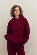 Kadın Rahat Kesim Oversize 3 İ̇plik Pamuklu Şardonlu Kanguru Cep Kapşonlu Hoodie Sweatshirt - Bordo - 1
