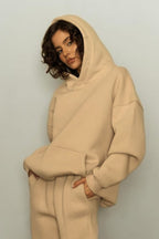 Kadın Rahat Kesim Oversize 3 İ̇plik Pamuklu Şardonlu Kanguru Cep Kapşonlu Hoodie Sweatshirt - Vizon - 3